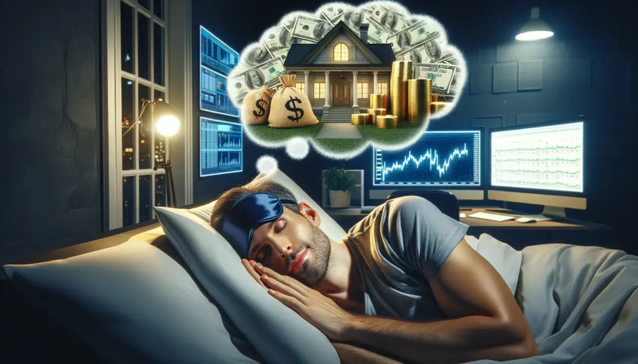 Dall·e 2024-01-10 18.41.47 - a man is lying in bed with a sleep mask, peacefully asleep, in a photorealistic style. he is dreaming about wealth, represented by a dream bubble show